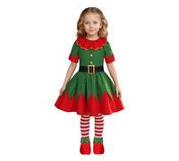 Kids Christmas Elf Costume Set for Girls Santa's Little Helper Festive Cosplay Outfit for School Events Stage Performances Short Sleeve Dress with Hat Belt Socks Shoes, Elf (Green, 5-6 Years)