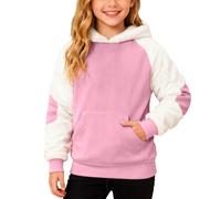 Kids Christmas Patchwork Fleece Hooded Pullover Long Sleeve Warm Cosy Sweatshirt Jumper Top for Holiday School Playground Festive Winter Outfit (11-12 Years) Pink