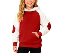 Kids Christmas Patchwork Fleece Hooded Pullover Long Sleeve Warm Cosy Sweatshirt Jumper Top for Holiday School Playground Festive Winter Outfit (Red, 13-14 Years)