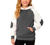 Kids Christmas Patchwork Fleece Hooded Pullover Long Sleeve Warm Cosy Sweatshirt Jumper Top for Holiday School Playground Festive Winter Outfit (Grey, 5-6 Years)