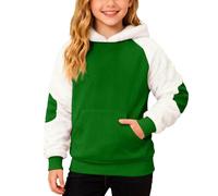 Kids Christmas Patchwork Fleece Hooded Pullover Long Sleeve Warm Cosy Sweatshirt Jumper Top for Holiday School Playground Festive Winter Outfit (Green, 5-6 Years)