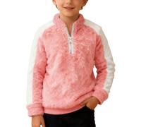 Kids Christmas Patchwork Fleece Zip Up Pullover Long Sleeve Warm Cosy Sweatshirt Jumper Top for Holiday School Outdoor Play Festive Fun Wear (7-8 Years) Pink