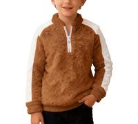 Kids Christmas Patchwork Fleece Zip Up Pullover Long Sleeve Warm Cosy Sweatshirt Jumper Top for Holiday School Outdoor Play Festive Fun Wear (Coffee, 5-6 Years)