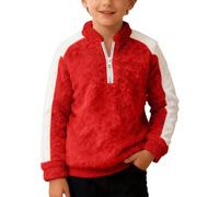 Kids Christmas Patchwork Fleece Zip Up Pullover Long Sleeve Warm Cosy Sweatshirt Jumper Top for Holiday School Outdoor Play Festive Fun Wear (Red, 7-8 Years)