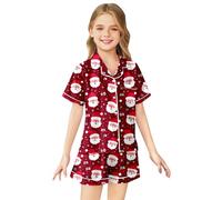 Kids' Christmas Pyjamas Set, Red with Print, Short-Sleeved & Shorts Nightwear for Girls, Perfect for Christmas Eve, Festive Sleepovers & Gifting
