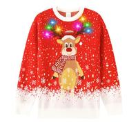 Kids Christmas Ugly Sweater Boys Girls LED Light Up Reindeer Xmas Sweater Built-in Light Bulbs, Red, 13-14 Years
