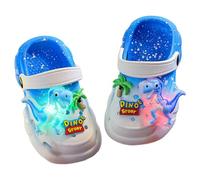 Kids Clogs Light Up Dino Clogs Summer Breathable Perforated Sandals Non Slip Soft Sole Closed Toe Beach Slippers Adjustable Heel Strap Toddler Boys Girls Outdoor Walking Pool Shoes Blue