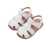 Kids Closed Toe Leather Sandals, Non-Slip Rubber Sole First Walking Shoes, Velcro Breathable Summer Shoes for Boy Girl Infant Kid Closed Toe Sandals Toddler Non-Slip Roman Sandals (White,8.5)