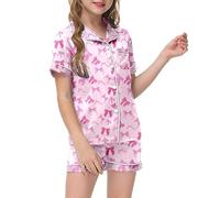 Kids Clothes Girls Baby Girl Preppy Pjs Flower Pajamas for Wedding Day Summer Pyjamas Bow Boys Bluey Satin Short Shorts and T Shirt Sets Sleepover Party Supplies,X1-Pink,9-10 Years