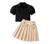 Kids Clothes Sets for Girls Short Sleeve Shirts and High Waist Pleated Skirts Girls Summer Elegant Cute Casual Party Vacation Outfits 2 Piece Age 7-12 Years (Black, 12 Years)
