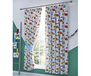 Kids' Club Bedding Kidz Club Bright Trucks Childrens Diggers Fully Lined Pencil Pleat 66x54, Cotton Polycotton Polyester, Multicolor, Curtains: 66" Width x 54" Drop