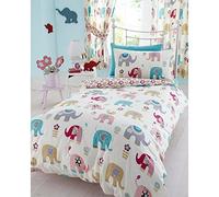 Kids Club Jumbo Elephant Flower Reversible Double Duvet Cover Quilt Bedding Set, Cotton and Polyester, Multicoloured, Single