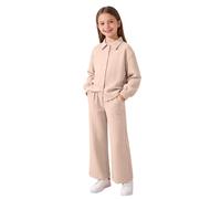 Kids Co Ord Sets Cotton Knit 2 Piece Girls Summer Button Down Long Sleeve Lapel Neck Shirt Boys Baggy Wide Leg Straight Leg Trousers With Pockets Rash Guard Cool Plain Clothing