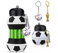 Kids Collapsible Football Water Bottle - World Cup Trophy & Soccer Shape Keyring, BPA-Free 550ml / 19oz - Silicone Foldable Sports Water Bottle - Perfect for School | Incredible Gift for Kids