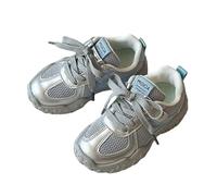 Kids Colour Block Trainers Shoess- Flat Breathable Mesh Upper Lace-up Casual Sports Shoes, Soft Outdoor Sneakers Park Play Silver