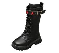 Kids Combat Boots Military Biker Long Calf Shoes Metal Buckle Decor Stylish Booties Side Zipper Low Heal Stylish Punk Boots Wellies Girls Boys Hiking Riding Knee-High Shoes A Black