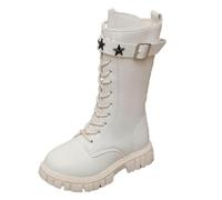 Kids Combat Boots Military Biker Long Calf Shoes Metal Buckle Decor Stylish Booties Side Zipper Low Heal Stylish Punk Boots Wellies Girls Boys Hiking Riding Knee-High Shoes