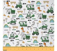 Kids Construction Fabric by The Yard Dinosaur Construction Vehicles for Chairs Equipment Trucks Waterproof Outdoor Jungle Dino Truck Green Outdoor Fabric 1 Yard (L92*W150cm)