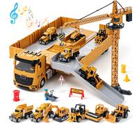 Kids Construction Storage Truck Playset, Large Foldable Container Truck with Music & Sound Effects, Launch Track & Parking Area, Assemblable Tower Crane, 6 Movable Mini Engineering Vehicles, Traffic S