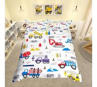 Kids Construction Truck Duvet Covet Single Size Boys Cartoon Cars Toddler Bedding Set Machinery Excavator Tractor Equipment Comforter Cover Cute Vehicles Red Blue Yellow Quilt Cover with 1 Pillowcase