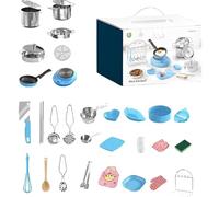 Kids Cooking Set - 18/22/28/35 PCS Real Kitchen Toy Set for Children Aged 7-14, Food-Grade Stainless Steel Cookware, Pretend Play Mini Pots, Pans, Apron, Educational Gift for Boys & Girls (35pcs Blue)