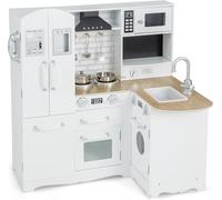 Kids Corn Kitchen Playset, Little Chef Wooden Play Kitchen for Toddlers, Water Dispenser, Microwave, Range Hood, Refrigerator, Cookware, Modular Pretend Toy Kitchen Set w/Lights & Sounds