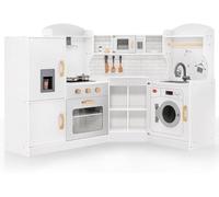 Kids Corner Kitchen Playset, Wooden Play Kitchen with Washing Machine, Range Hood, Ice Maker, Microwave, Oven, Sink, Little Chef Pretend Cooking Toy Set for Toddler (White)