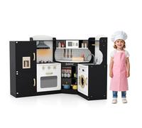 Kids Corner Kitchen Playset, Wooden Play Kitchen with Washing Machine, Range Hood, Ice Maker, Microwave, Oven, Sink, Little Chef Pretend Cooking Toy Set for Toddler (Black+Gold)
