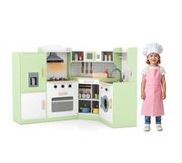 Kids Corner Kitchen Playset, Wooden Play Kitchen with Washing Machine, Range Hood, Ice Maker, Microwave, Oven, Sink, Little Chef Pretend Cooking Toy Set for Toddler (Green)