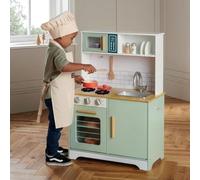 Kids Corner Play Kitchen, Wooden Pretend Toy Kitchen with 6 Wooden Cooking Accessories, 2 hobs, a Microwave and Kitchen Sink, Cabinet Storage Space, Oven Knobs Make Realistic Sound for Boys Girls