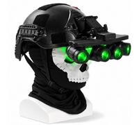 Kids Cosplay Helmet Set with Skull Mask and Green-Lit Quad-Tube Model | Black Modular Shell Front Mount Side Rails Hook Loop Areas Foam Padding Adjustable Chin Strap Flip-Up Bracket