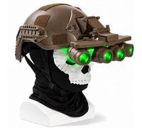 Kids Cosplay Helmet Set with Skull Mask and Green-Lit Quad-Tube Model | Black Modular Shell Front Mount Side Rails Hook Loop Areas Foam Padding Adjustable Chin Strap Flip-Up Bracket
