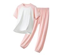 Kids Cotton Thin Pyjamass Sets Short Sleeve Soft Pj T-Shitts Trousers 2pc Lounge Sleepwear Outfits Boys Girls Loose Stretchy Family Loose Pajamas Clothes (Pink, 15-16 Years)