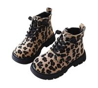 Kids Cowboy Boots Girls Leopard Print Faux Suede Lace-Up Combat Ankle Boots | Side zipper, non-slip, platform heel, winter warm, for school, cowgirl, riding, round toe,for toddler/little kid/big kid