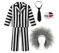 Kids Crazy Ghost Costume - Black and White Striped Suit, Black Tie, Grey Wig - Childs Halloween Fancy Dress Costume