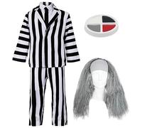 Kids Crazy Ghost Costume - Medium - Black and White Striped Suit, Black Tie, Grey Wig - Childs Halloween Fancy Dress Costume
