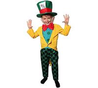 Kids Crazy Tea Party Host Costume - Yellow Jacket, Checkered Trousers and Large Top Hat - Boys Girls Wonderland World Book Day Book W ancy Dress Costume