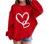 Kids Crew Neck Sweatshirt Cute Heart Print Long Sleeve Casual Pullover Jumper Lightweight Loose Fit Perfect for Valentine's Day & Festivals (Red, 8-9 Years)