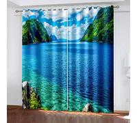 Kids Curtains For Bedroom Eyelet 84 Inch Drop, 2 Panels Blackout Curtains For Living Room - 3D Blue Lake Green Mountains Print Drapes For Nursery Decoration, Microfiber Thermal Curtains