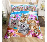 Kids Cute Cat Beds Set Cartoon Pet Cats Kittens Bedding Set Super King Size Cat Lover Animal Theme Duvet Cover Set for Boys Purple Flowers Butterflies Print Room Decor Lovely
