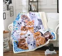 Kids Cute Cat Plush Cartoon Pet Kitten Print Sherpa Fleece Throw Blanket for Children Boys Girls, Double 60x79 Inch