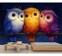 Kids Cute Owl Mural Cartoon Colorful Owls Wallpaper Starry Sky Accent Wallpaper Kids for Bedroom Living Room Sofa TV Background Wall Mural Poster Decor 280X200cm