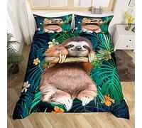 Kids Cute Sloth Bedding Set Cartoon Animal Comforter Cover for Boys Girls Funny Lazy Sloth Tropical Leaves Floral Print Duvet Cover Nature Themed Bedspread Cover Room Decor Quilt Cover Double Size