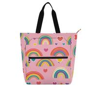 Kids Cute Tote Bags for Kids Boys Girls, Rainbows and Hearts Lightweight Reusable Grocery Beach Bag with Zipper for College Shopping Beach Rainbow