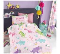Kids Cutie Saurus Dino Duvet, Girls Boys Dinosaur Reversible Polka Dot Bedding Single Bed Size, Pink