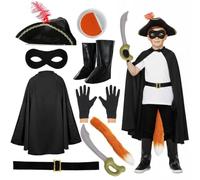 Kids Deluxe 9-Piece Cat Bandit Costume Set - Includes Black Cape, Mask, Hat, Tail, Inflatable, Gloves, Face Paint & Belt - Feline Hero Outfit for World Book Day & Halloween Childs Fancy Dress Costume