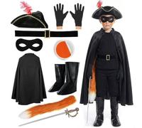 Kids Deluxe 9-Piece Cat Bandit Costume Set - Includes Black Cape, Mask, Hat, Tail, Sword, Gloves, Face Paint & 66cm Belt - Feline Hero Outfit for World Book Day & Halloween Childs Fancy Dress Costume