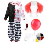 Kids Deluxe Killer Clown Costume - Medium - Harlequin Top & Trousers, Red Clown Wig, White Gloves, Red Balloon with Stick, Facepaint, Fake Blood - Childs TV Film Halloween Fancy Dress Costume