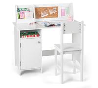 Kids Desk & Chair Set - Wooden Study Table 90x45 cm with Cork Bulletin Board, Storage Cabinet, Ergonomic Chair, White