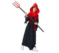 Kids Devil Demon Costume Set Boys Grim Reaper Death Costume Full Length Halloween Cosplay Hood Trident Outfit (Black, 7-8 Years)